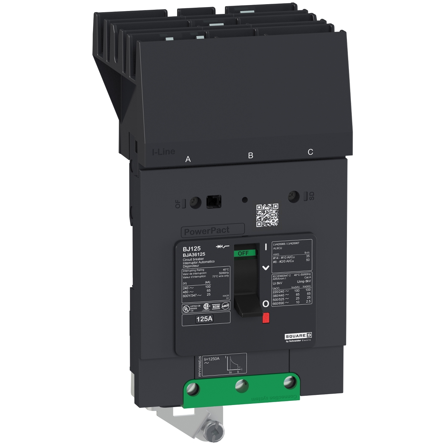 Schneider Electric Molded Case Circuit Breaker; 3-Pole; 60A; 600VAC/250VDC; 35kA @ 480VAC; I-Line; UL 489